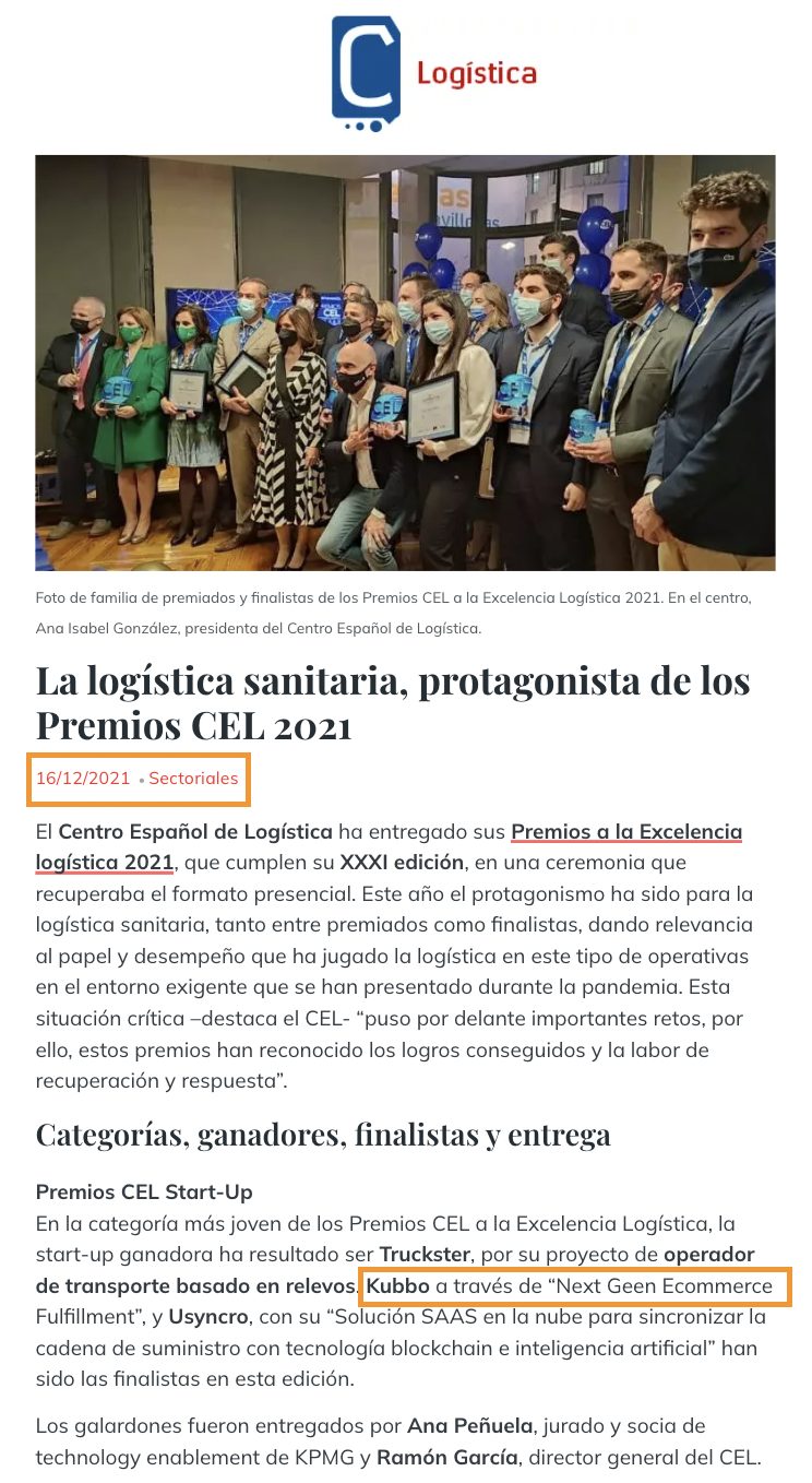 Logística C de Comunicación coverage of the CEL 2021 awards ceremony listing Kubbo as a finalist