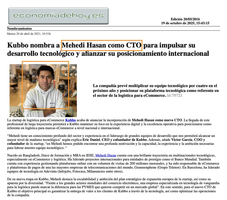 Economía de Hoy article: Kubbo nombra a Mehedi Hasan como CTO