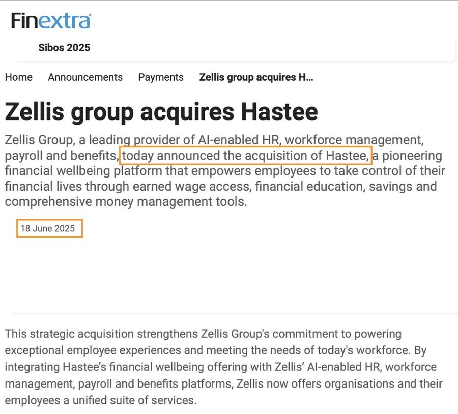 Finextra article: Zellis Group acquires Hastee, June 2025