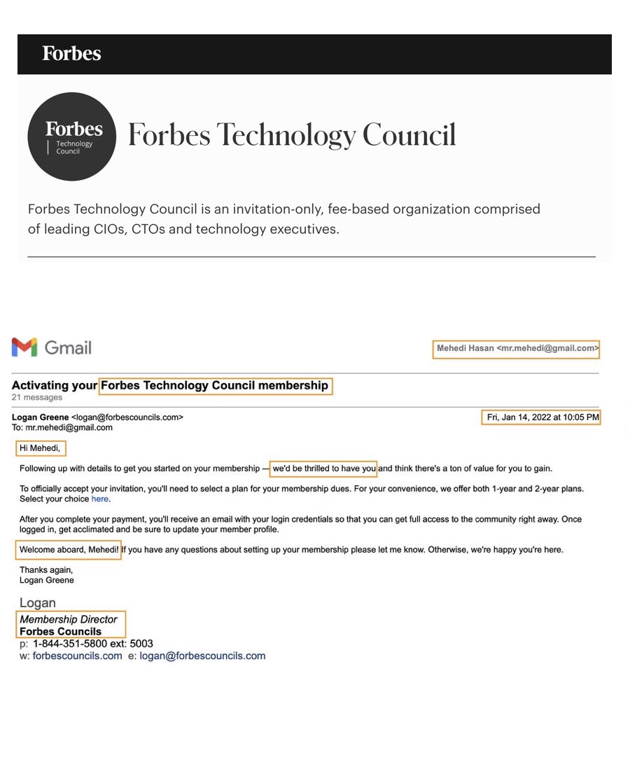 Forbes Technology Council invitation to Mehedi Hasan, January 2022