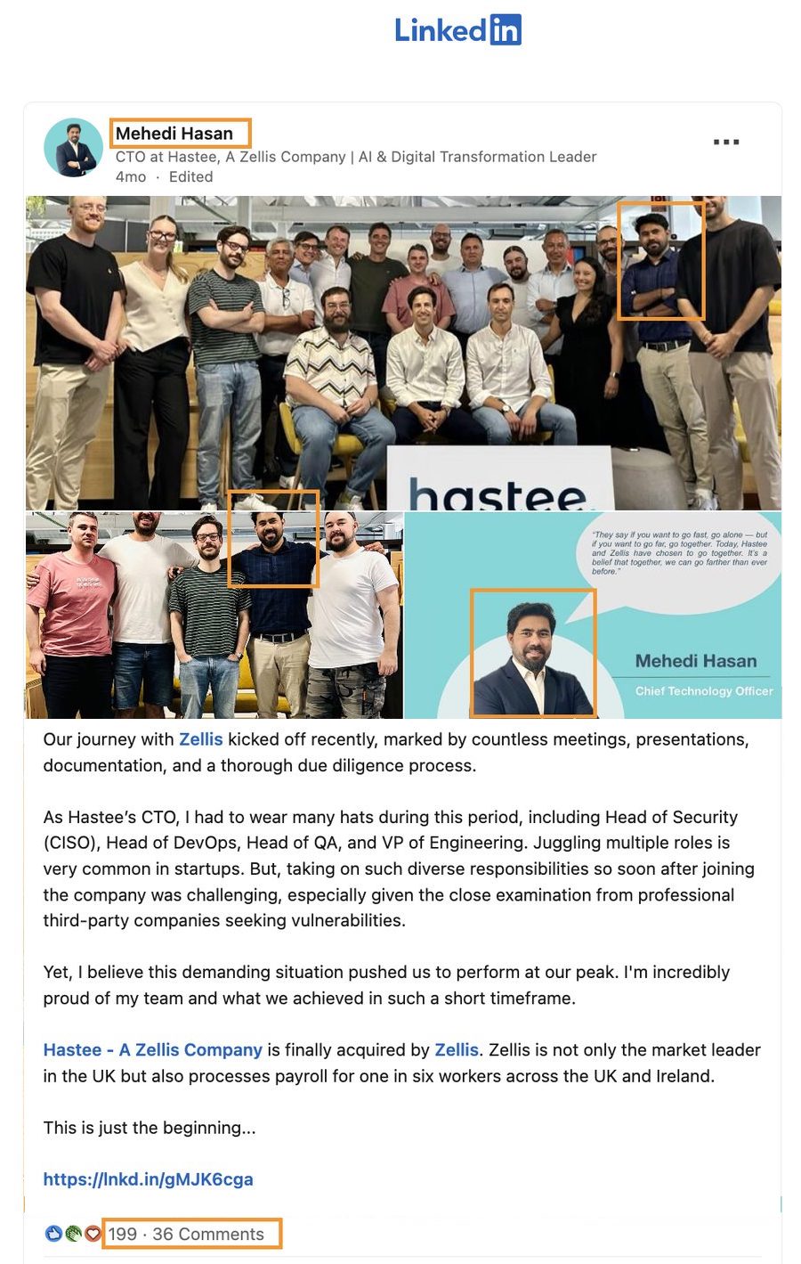 LinkedIn post by Mehedi Hasan announcing Hastee's acquisition by Zellis Group, featuring the Hastee team, with 199 reactions