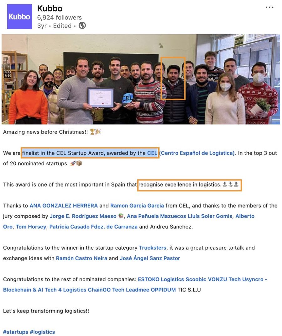Kubbo LinkedIn post with the team, including Mehedi Hasan, celebrating the CEL Startup Award finalist recognition