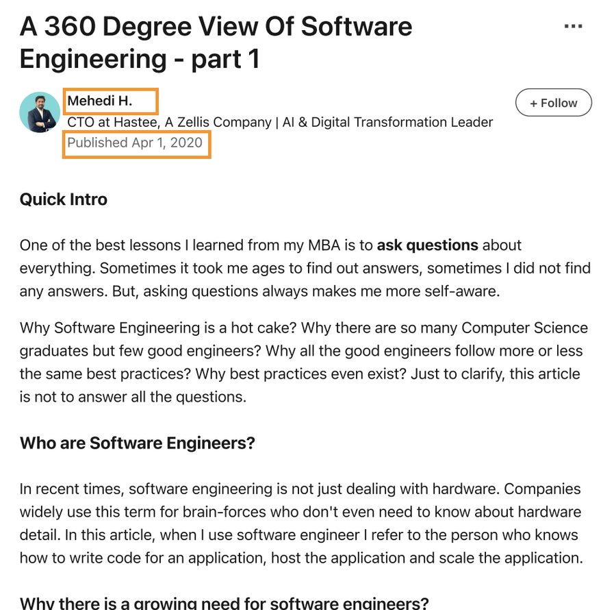 LinkedIn article by Mehedi Hasan: A 360 Degree View of Software Engineering, Part 1